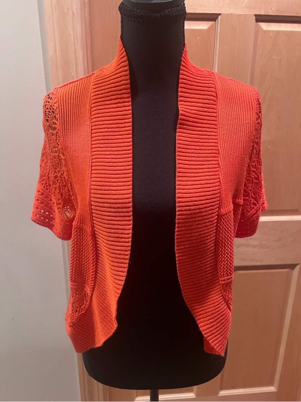 NY Collection Boho Orange Knit Open Front Shrug Short Sleeve Cropped Cardigan L